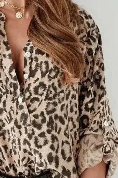 Leopard Button Detail Notched Long Sleeve Blouse | Femstylo - Femstylo