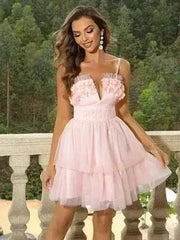 Flower Applique Mesh Patchwork Spaghetti Strap Dress - Femstylo