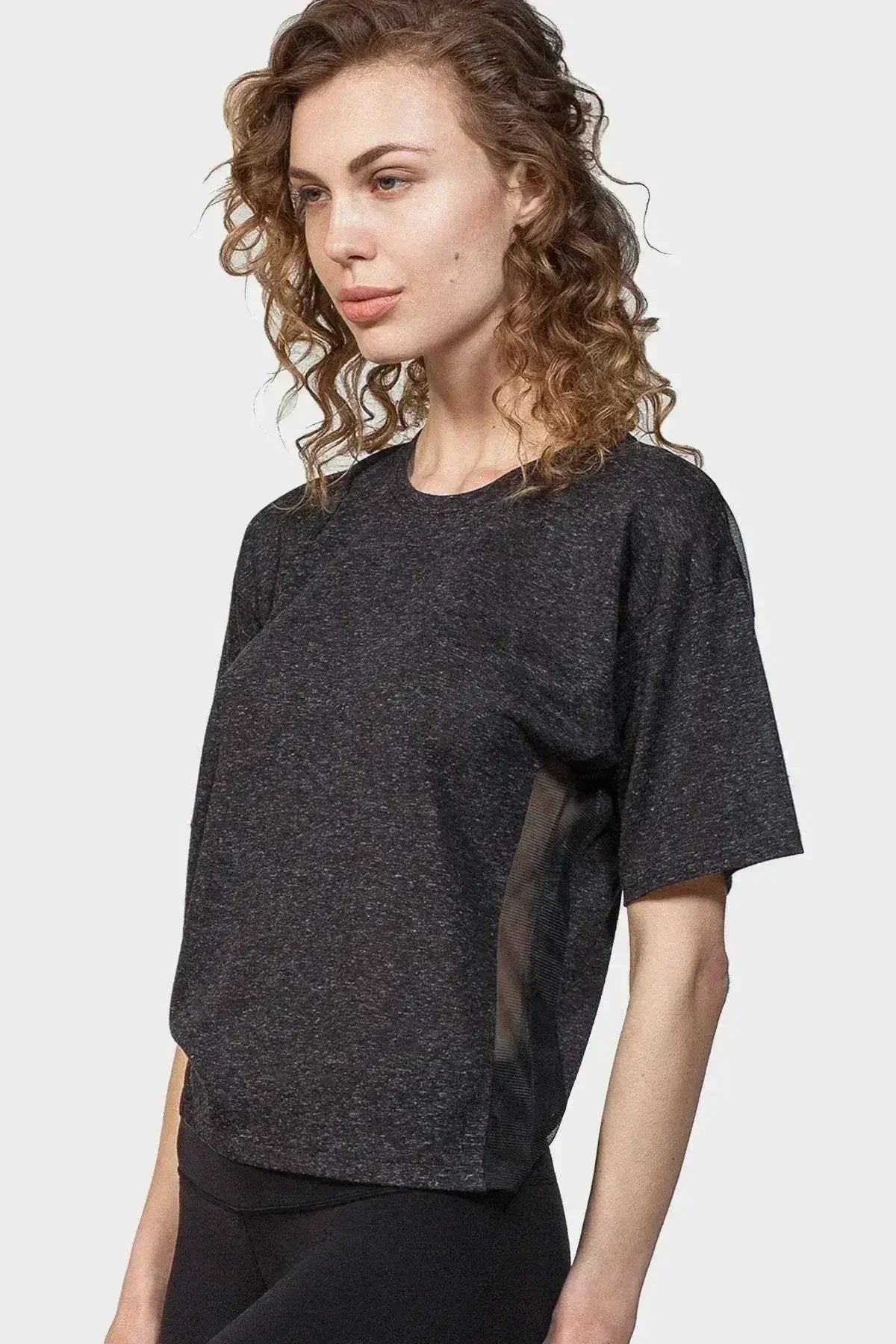 Back Mesh Yoke Top – Sexy Black Crew Neck with Peek-a-Boo Mesh - Femstylo