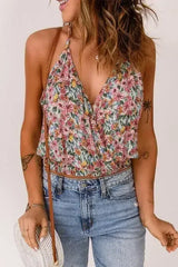 Multicolor Wrapped V Neck Floral Tank Crop Top - Femstylo