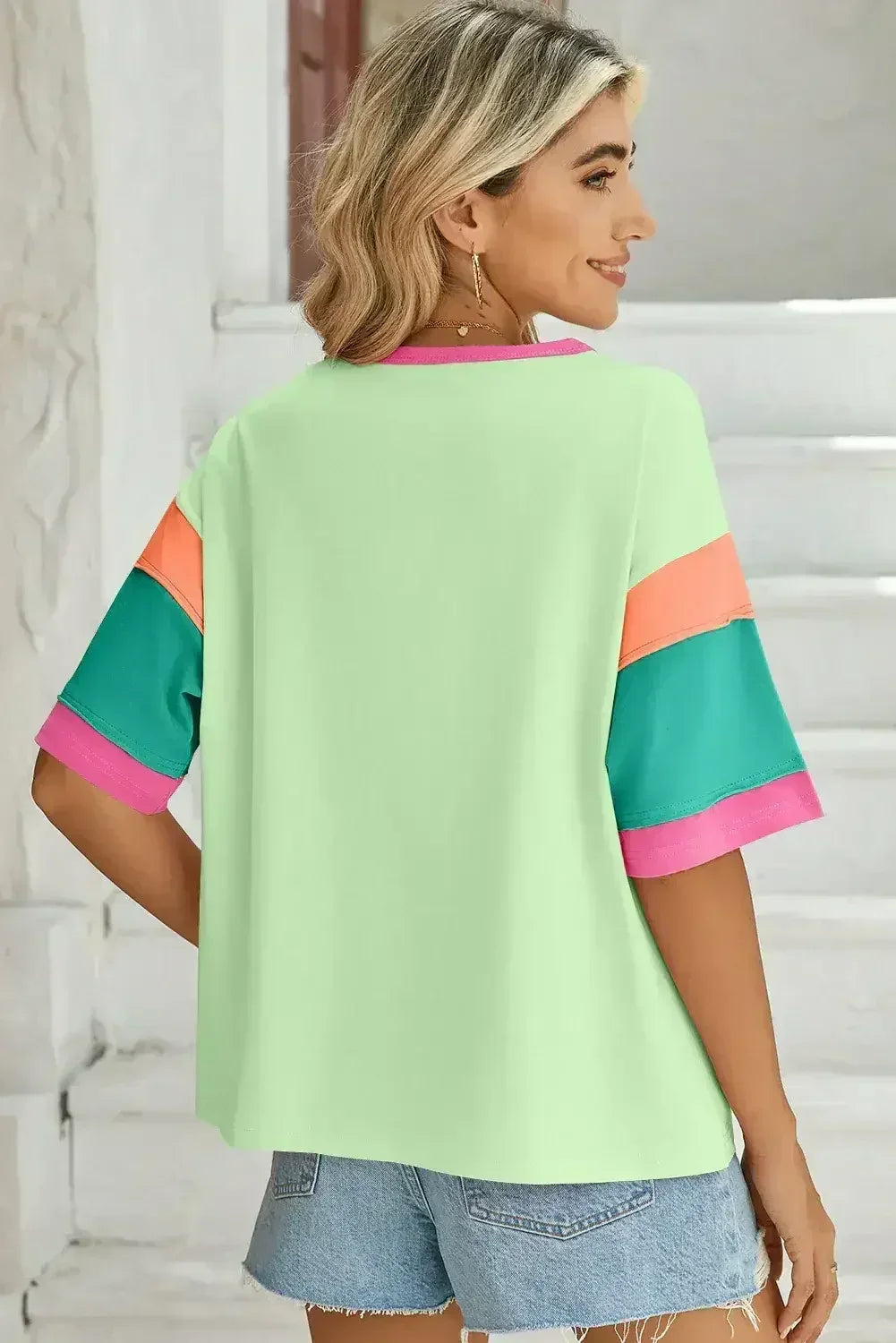 Light Blue Color Block Sleeve Round Neck Oversize Top - Femstylo