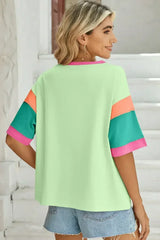 Light Blue Color Block Sleeve Round Neck Oversize Top - Femstylo