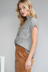 Mineral Red Patch Pocket Ribbed Knit Short Sleeve Sweater - Femstylo