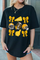 Game Day Rugby Tee: White Cheer Helmet & Bow Graphic T-Shirt