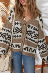 Dark Khaki Ethnic Geometric Pattern Button Front V Neck Cardigan