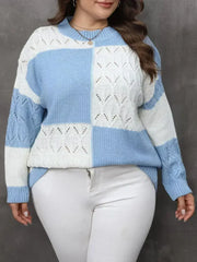 Plus Size Openwork Color Block Long Sleeve Sweater - Femstylo
