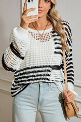 White Striped Lantern Sleeve Hollow Knitted Sweater - Femstylo
