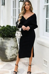 Surplice Neck Bow Waist Slit Sweater Dress - Femstylo