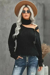 Winter Black Strapped Cut out Shoulder Turtleneck Sweater - Femstylo