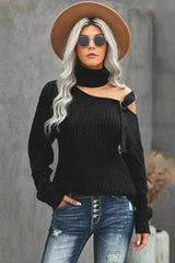 Winter Black Strapped Cut out Shoulder Turtleneck Sweater - Femstylo