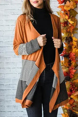 Orange Colorblock Striped Patchwork Open Cardigan - Femstylo