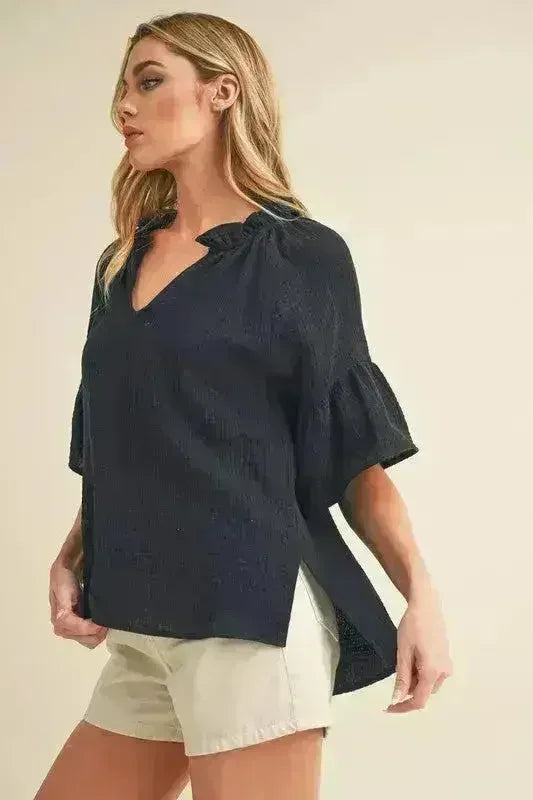 Aemi + Co Side Slit Notched Ruffled Half Sleeve Blouse - Femstylo
