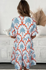 Orange Palm Tree Print Short Sleeve Flowy Dress - Femstylo