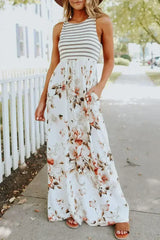 White Boho Stripes & Floral Print Floor Length Tank Dress - Femstylo