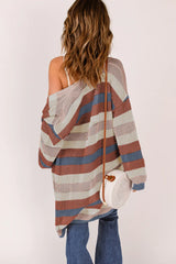 Dark Blue Color Block Striped Cut Out Knit Cardigan