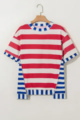 Red Stripe Loose Casual Color Block T Shirt - Femstylo