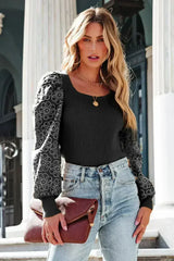 Black Flower Puff Sleeve Ribbed Knit Top - Femstylo