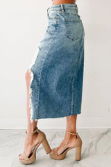 Myosotis Irregular Distressed Hem Denim Midi Skirt - Femstylo