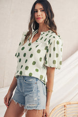 Apricot Polka Dot Print Smocked Notched Neck Balloon Sleeve Blouse