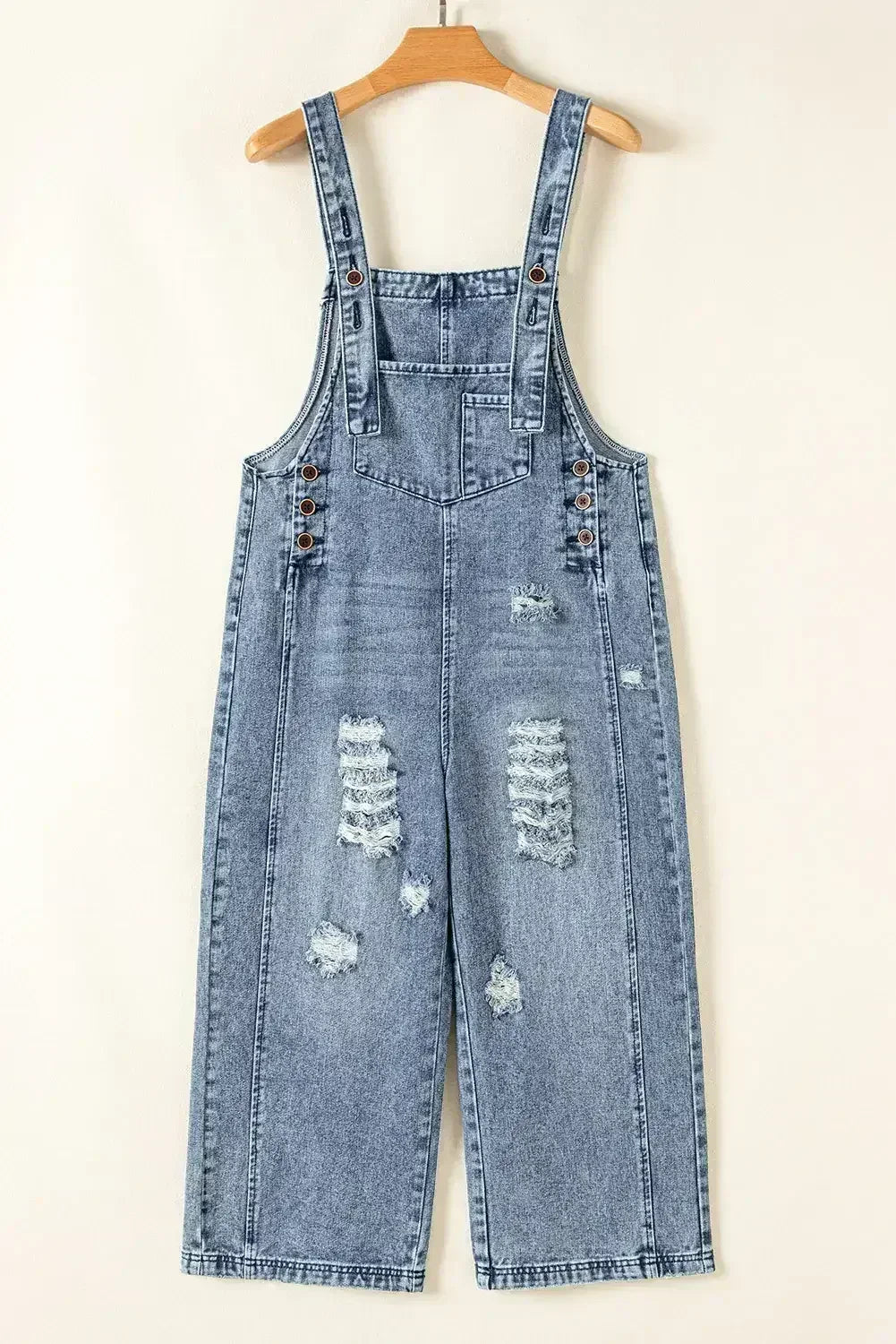Stone Blue Distressed Bib Pocket Wide Leg Denim Overall - Femstylo