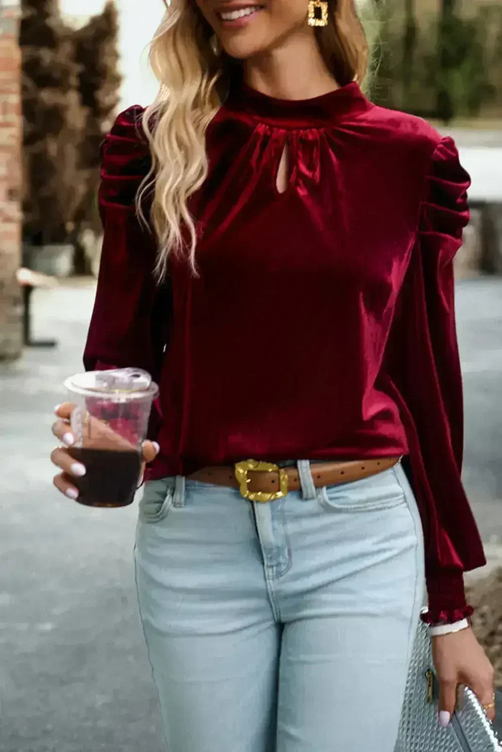 Fiery Red Velvet Blouse - Mock Neck & Puff Sleeves | Femstylo - Femstylo