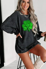 Black Sequin Embroidered Clover Corded Graphic Sweatshirt - Femstylo