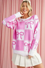Pink Sweet Bow Two Tone Checkered Sweater - Femstylo