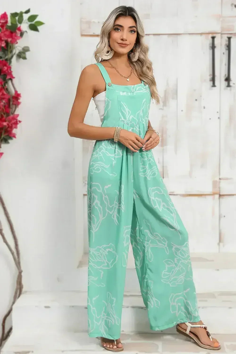 Moonlight Jade Abstract Print Wide Leg Bib Overall - Femstylo