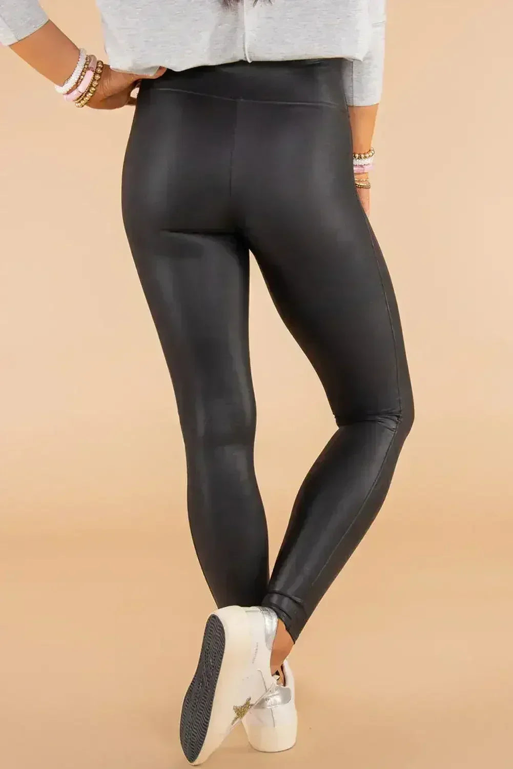 Black Piping Trim Sleek Leather High Waist Leggings - Femstylo