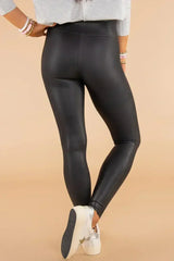 Black Piping Trim Sleek Leather High Waist Leggings - Femstylo
