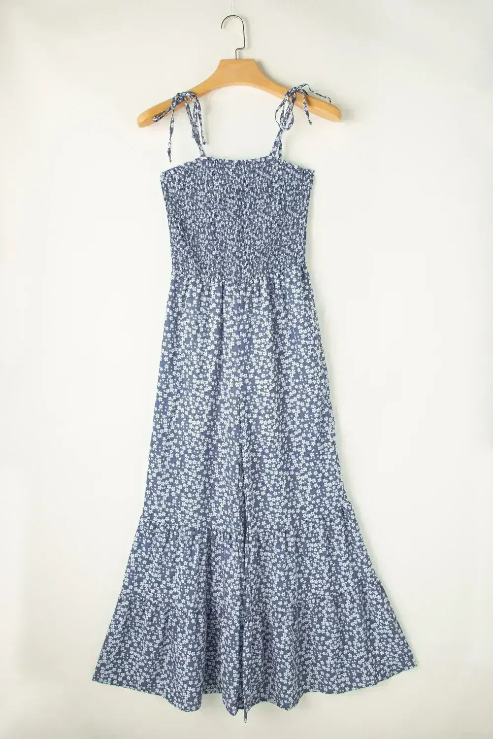 Dusk Blue Floral Print Spaghetti Straps Smocked Wide Leg Jumpsuit - Femstylo