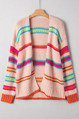 Multicolour Open Front Striped Colorblock Knit Oversize Cardigan