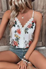 White Floral Print Lace V Neck Tank Top - Femstylo