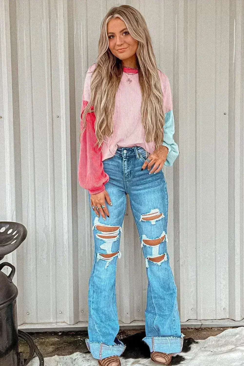Pink Corded Colorblock Patchwork Drop Shoulder Long Sleeve Top - Femstylo