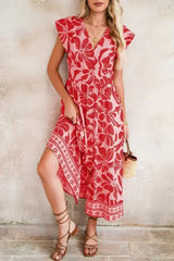Red Boho Floral V-Neck Ruffle Shoulder Maxi Dress - Femstylo