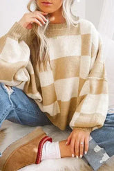 Khaki Checkered Bishop Sleeve Sweater - Femstylo