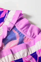 Sachet Pink Floral Print Ruffle Puff Sleeve Pop of Color Neckline Blouse