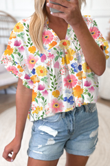 Yellow Allover Floral Print Boxy Fit V Neck Blouse