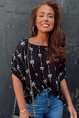 Black Bow Print Striped Puff Short Sleeve Blouse