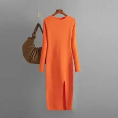 Autumn And Winter Long Sleeve Knitted Backless Round Neck Dress - Femstylo