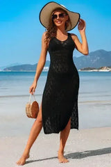 Crochet Beach Coverup Dress – High Split Maxi with U-Neck - Femstylo