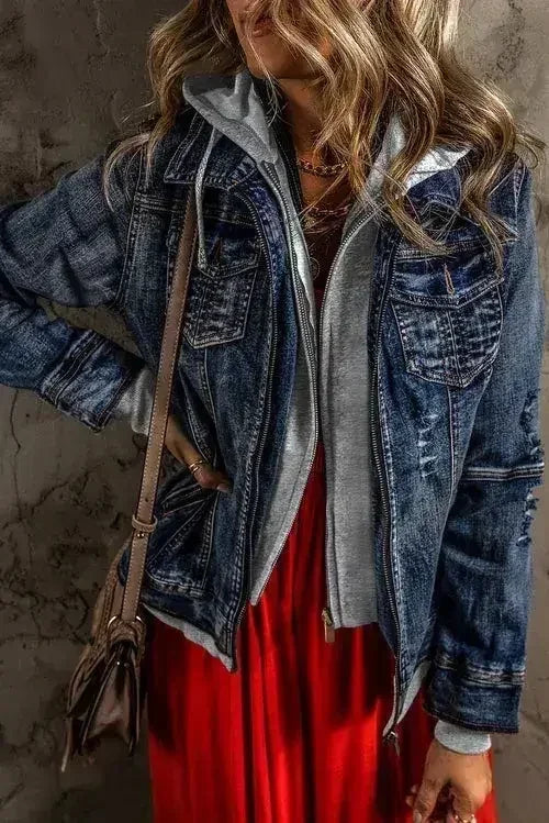 Black Fake Two-Piece Hooded Zip-Up Denim Jacket - Femstylo