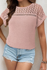 Mist Green Hollow Patchwork Waffle Knit Top