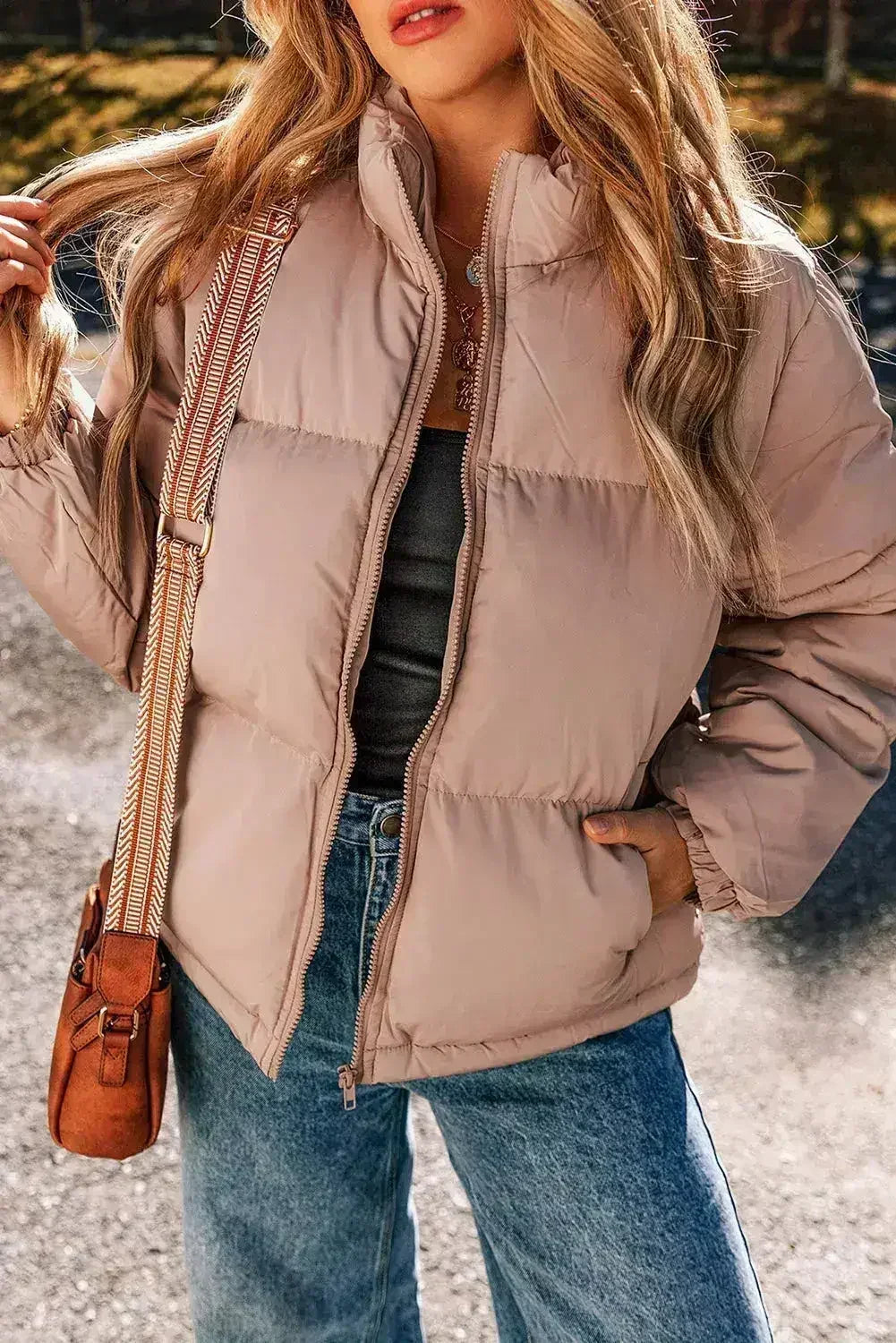 Apricot Pink Full Zipper Quilted Puffer Jacket - Femstylo