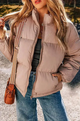 Apricot Pink Full Zipper Quilted Puffer Jacket - Femstylo