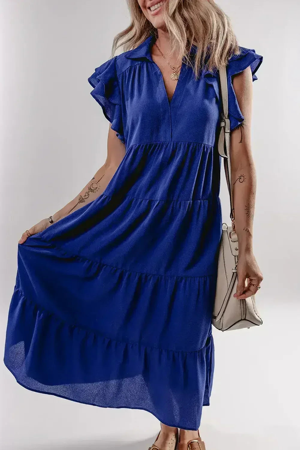 Bluing Ruffled Short Sleeve Collared V Neck Tiered Midi Dress - Femstylo