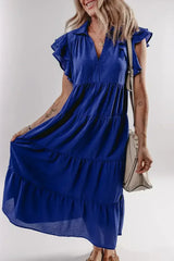 Bluing Ruffled Short Sleeve Collared V Neck Tiered Midi Dress - Femstylo