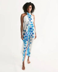 Sheer Mosaic Squares Blue and White Swimsuit Cover Up - Femstylo
