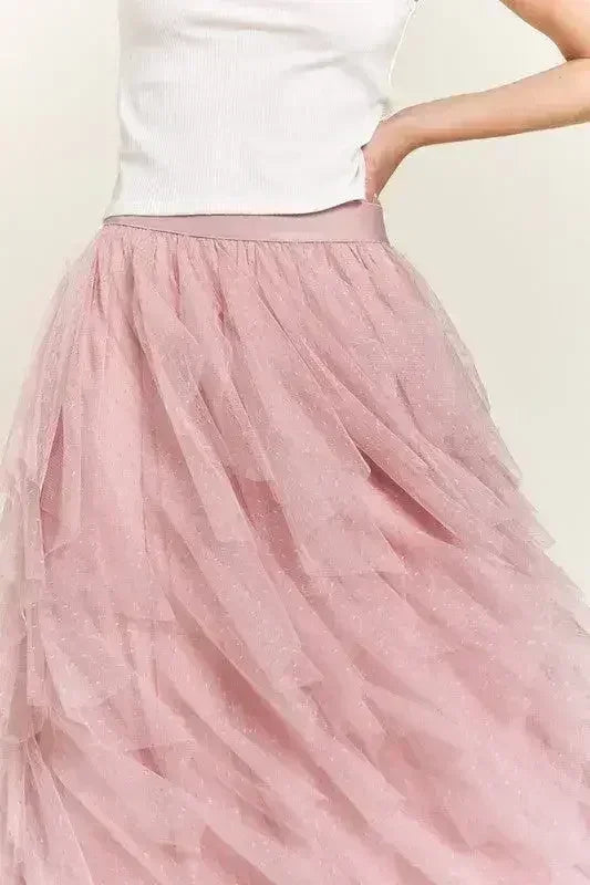 LAYERED POLKA DOT MESH LINED A-LINE MIDI SKIRT - Femstylo