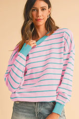 Pink Stripe Round Neck Drop Shoulder Loose Sweater - Femstylo